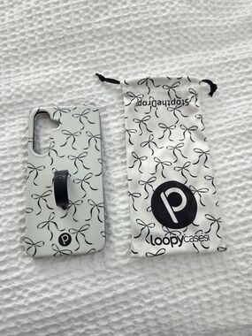 S 25 Plus Loopy Case White Phone Case with Black Bow Pattern W Black Loopy Grip